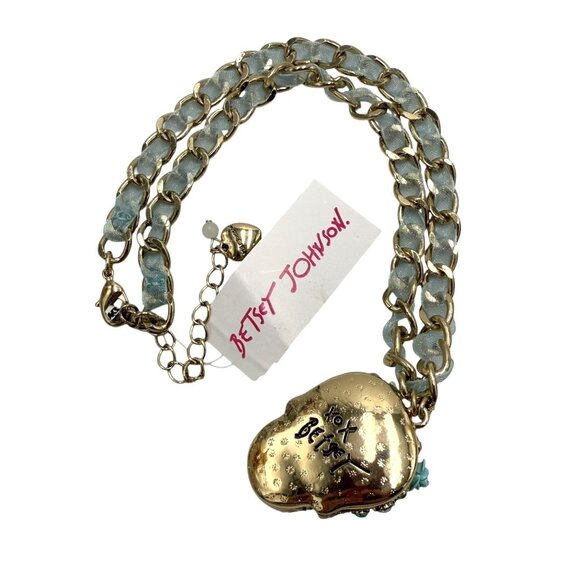 Betsey Johnson Blue Ribbon Chain Rhinestone Sugar Skull Pendant Necklace NEW - Picture 7 of 8